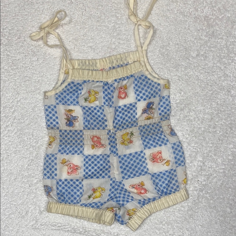 Vintage Stone 70’s Kids Blue and Cream Checkered bunny rabbit Romper 12m